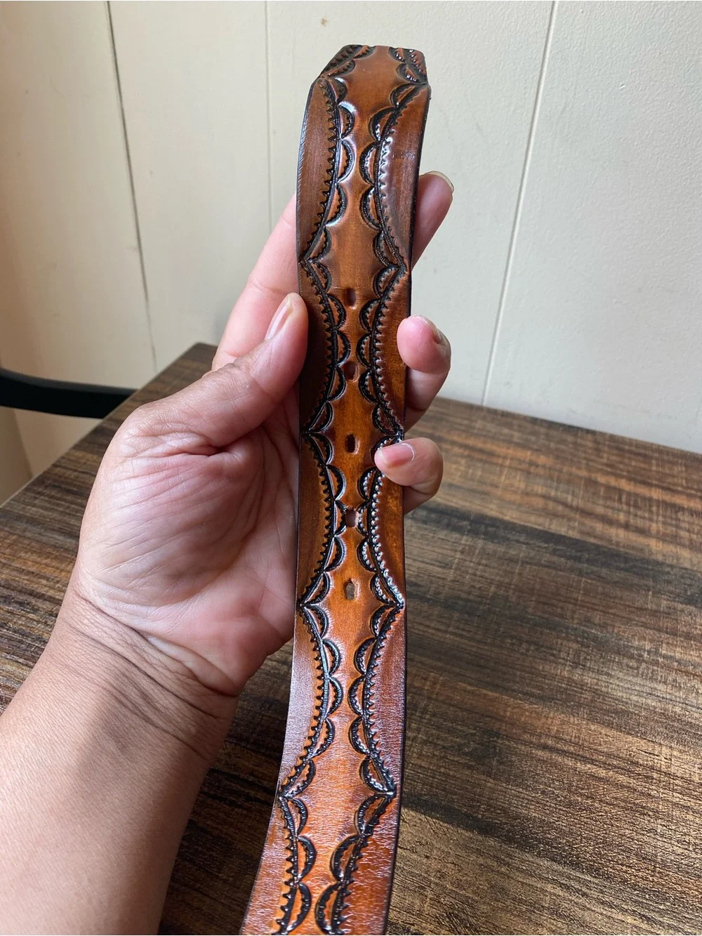 Vintage Hand Tooled Leather Belt, 36”